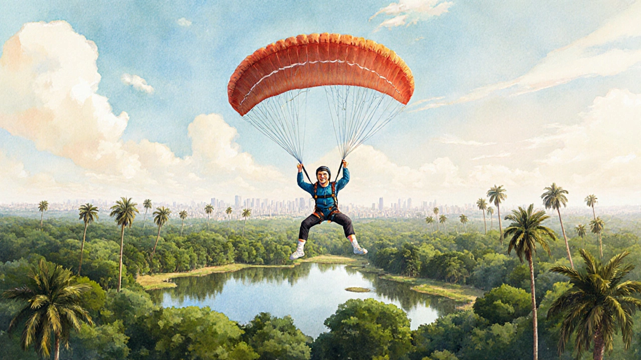 Skydivers gliding over Bangalore forests and lakes under open parachute.