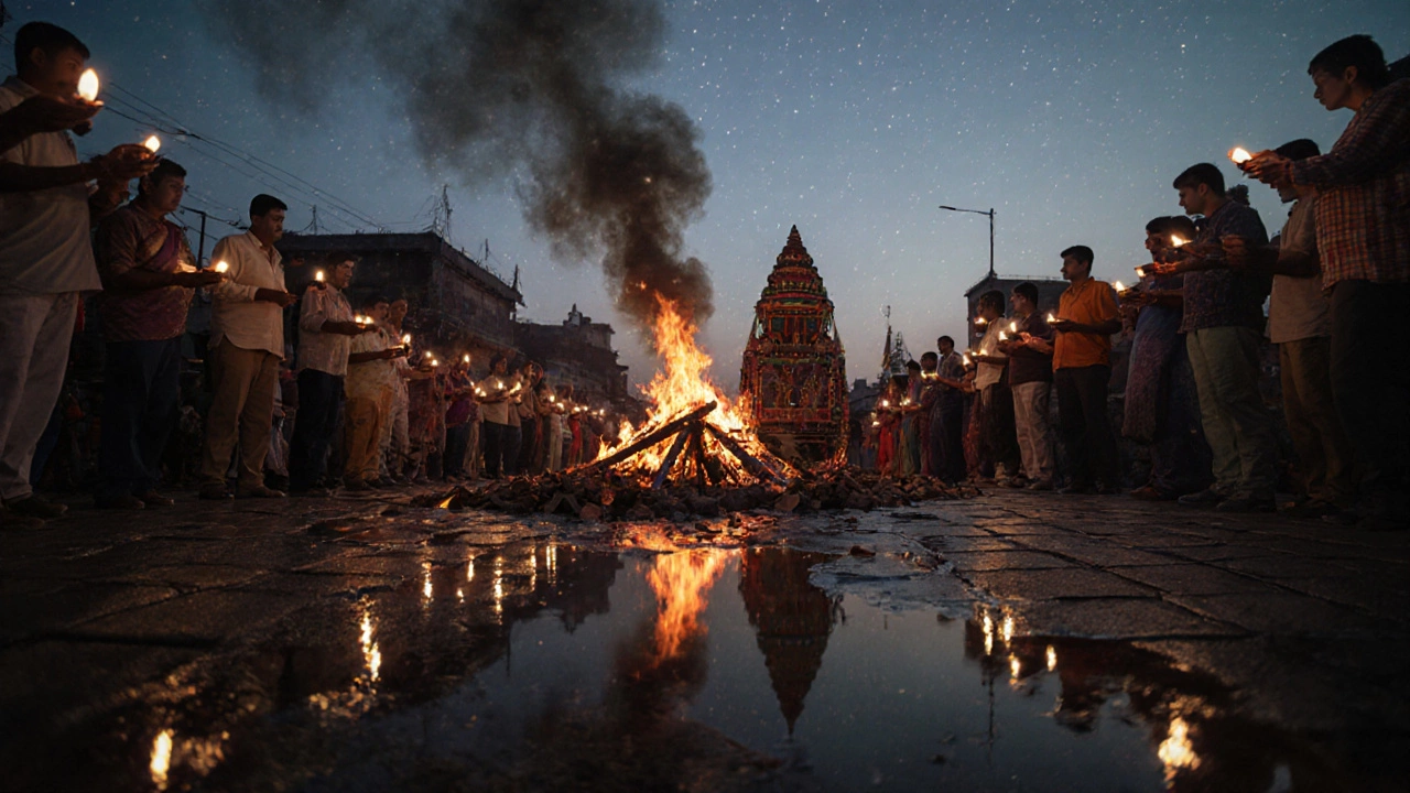 Smoldering chariot wood in sacred fire as devotees hold diyas at dusk during Ulta Ratha Yatra.