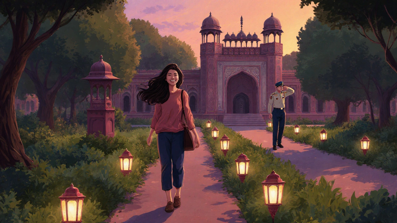 Solo female traveler enjoying a peaceful evening stroll in Lal Bagh Palace gardens with gentle lighting.