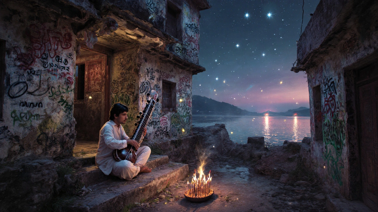 The abandoned Beatles Ashram at twilight, covered in graffiti, with a sitar player and glowing incense under stars.