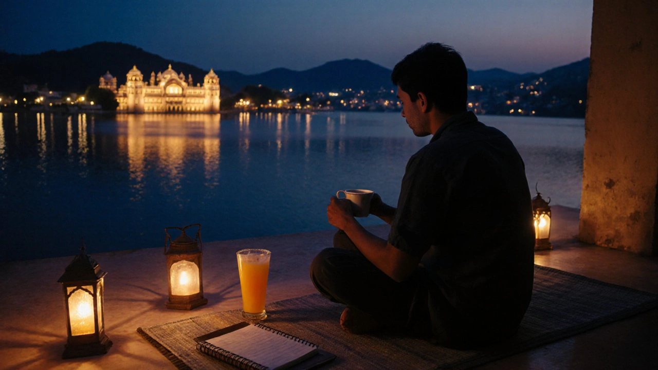 Traveler on a rooftop in Udaipur at twilight, sipping tea with palace lights across the lake.