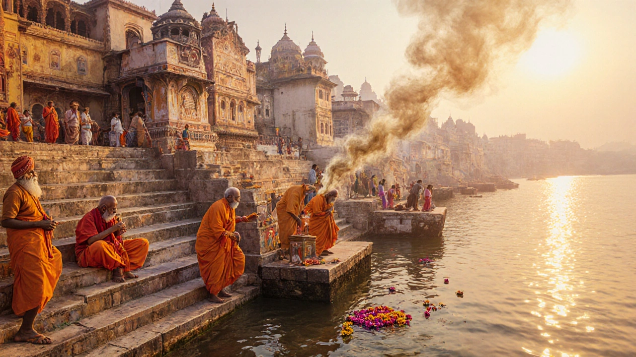 Varanasi ghats at dawn with priests and devotees performing rituals along the Ganges River.