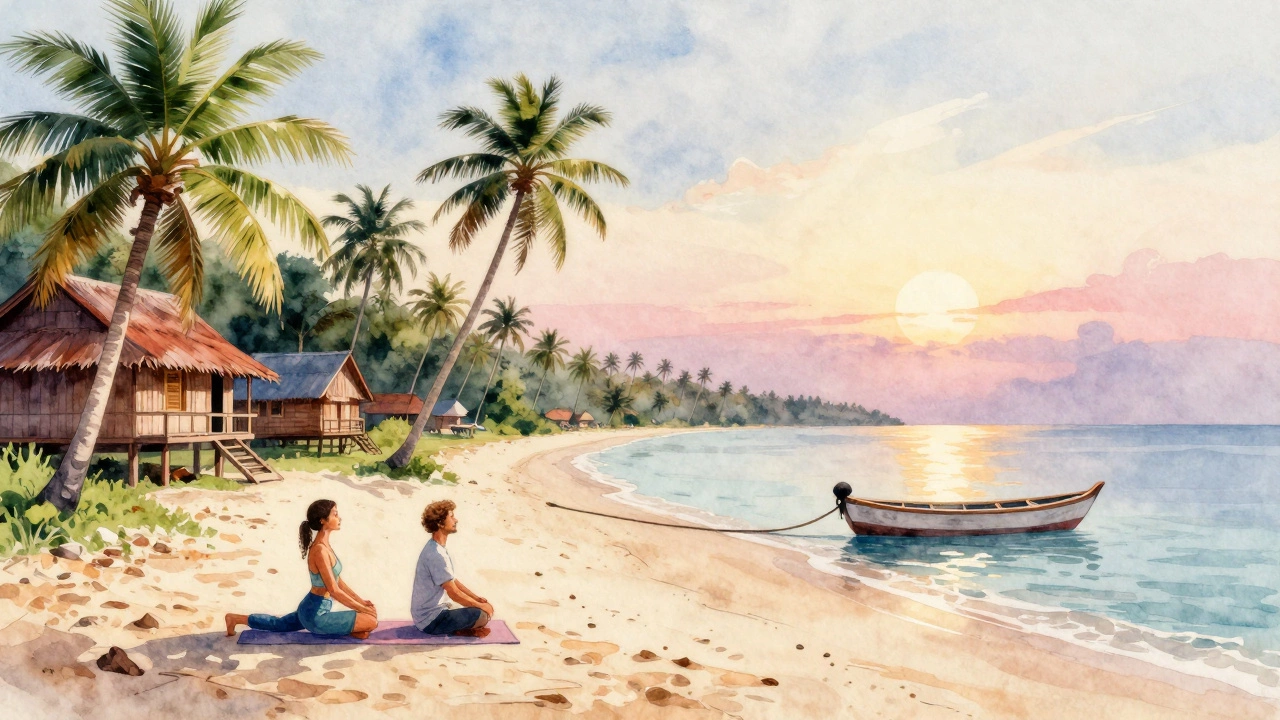 A couple practicing yoga on a quiet Kerala beach at sunrise, with wooden cottages and coconut trees in the background.