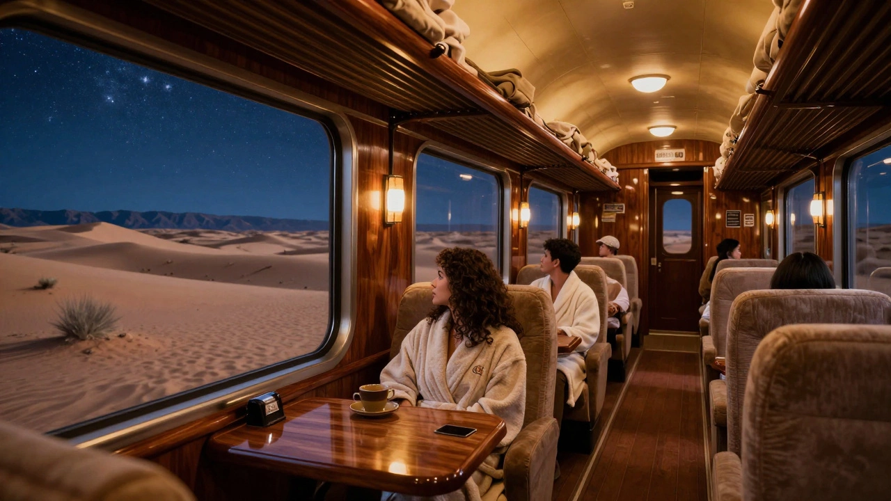 A cozy Amtrak sleeper car at night with starry desert views visible through large windows.