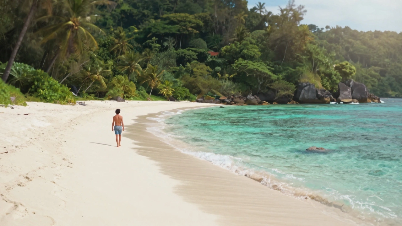 A solitary traveler walking on pristine white sand at Radhanagar Beach in the Andamans, surrounded by clear turquoise water and jungle.