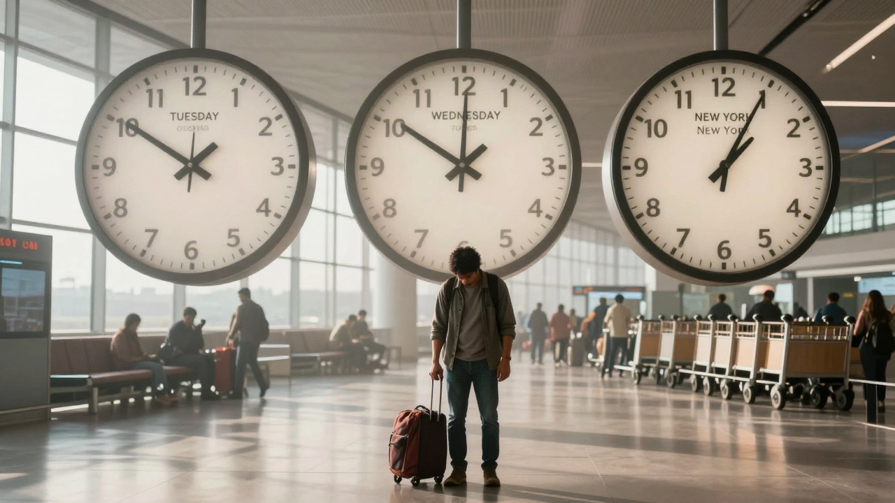 A tired traveler in Delhi airport surrounded by floating clocks showing conflicting times, struggling to adjust to the lost day.