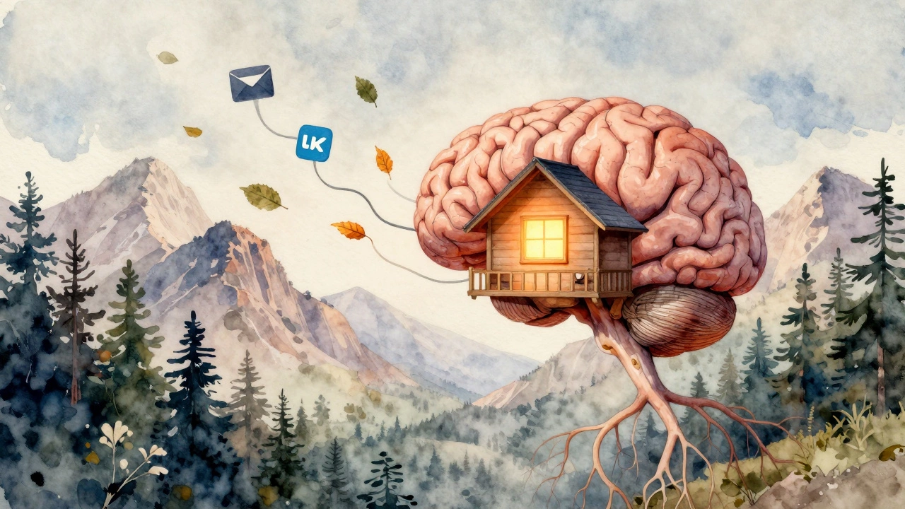 Brain with roots in a cabin, digital distractions falling away like leaves in watercolor.