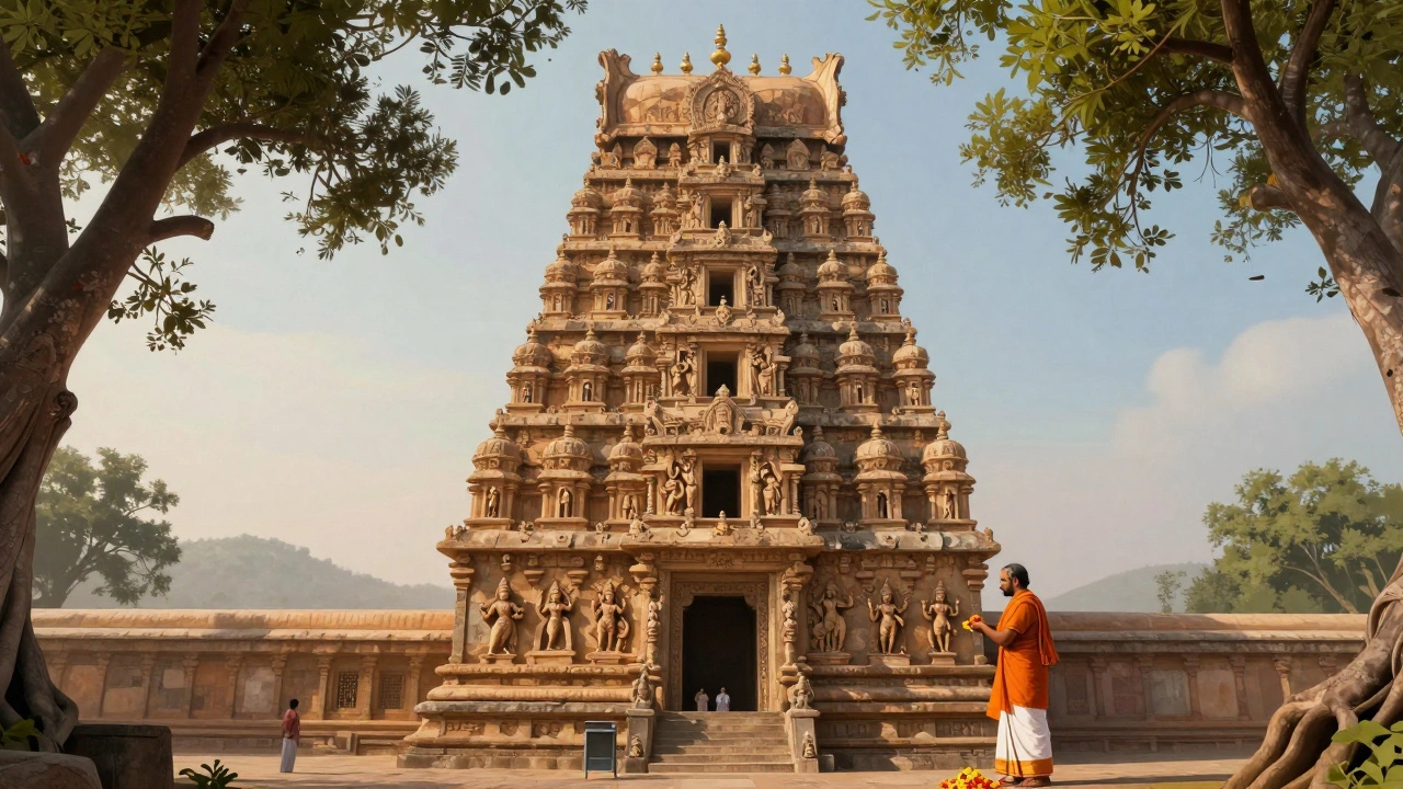 Brihadeeswarar Temple&#039;s massive granite tower with no shadow at noon, surrounded by ancient trees.