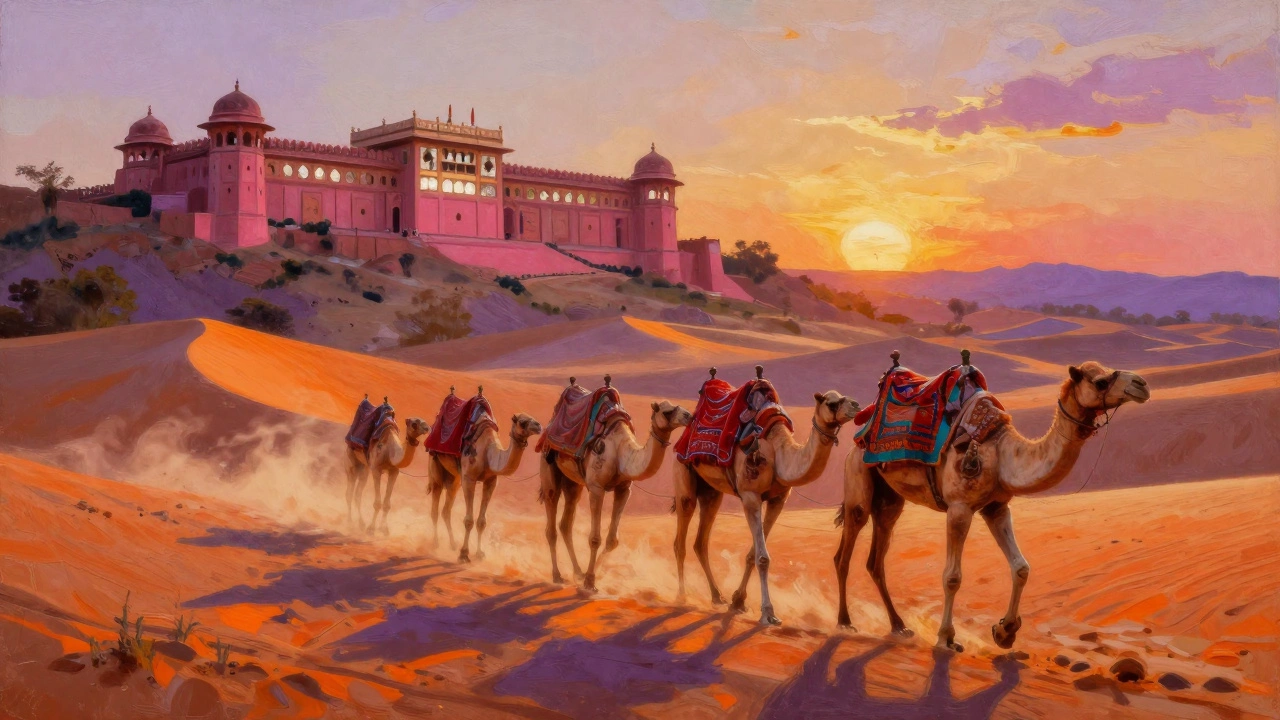 Camel caravan crossing golden desert dunes at sunset with a historic fort in the distance.