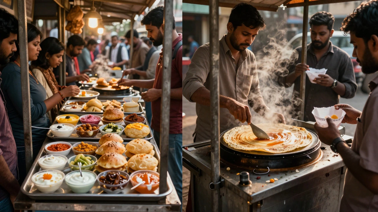 Contrasting street food stalls: Delhi chaat and Chennai dosa cart in golden light.