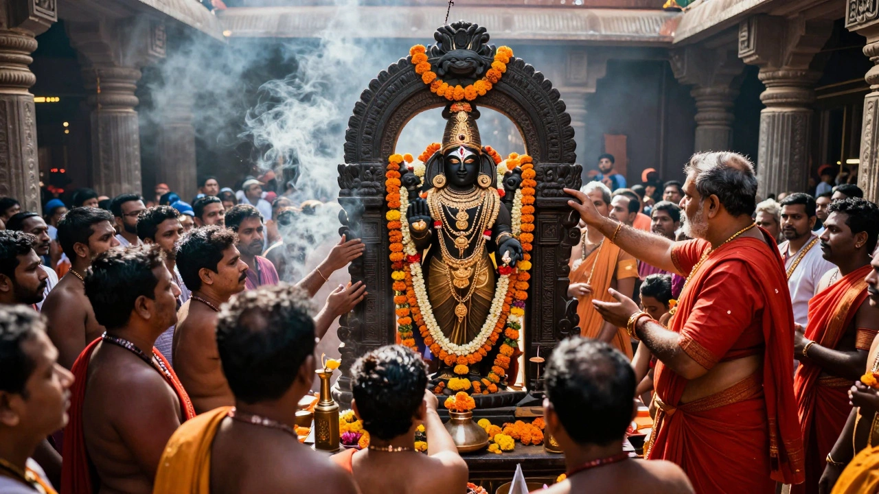 Devotees in a crowded sanctum gazing at a dark, jewel-adorned idol of Lord Venkateswara.