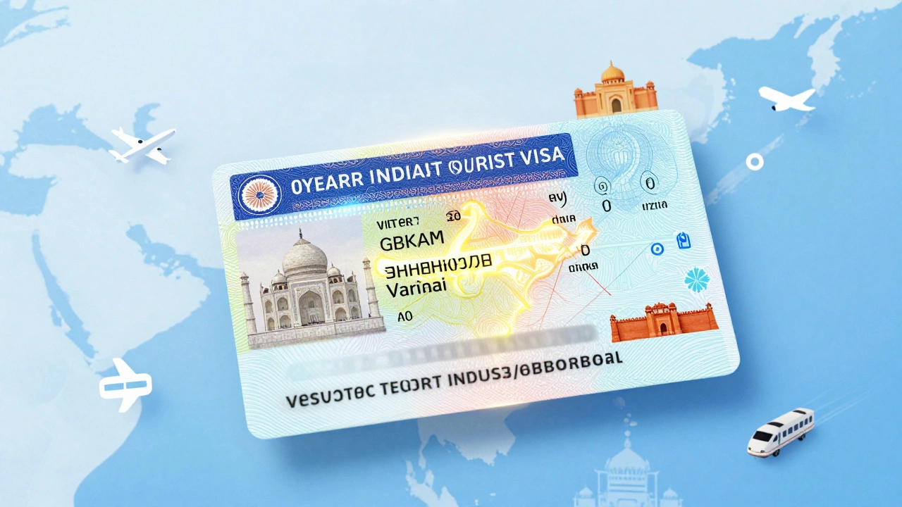 Digital visa document floating over map of India with iconic landmarks glowing along its validity period
