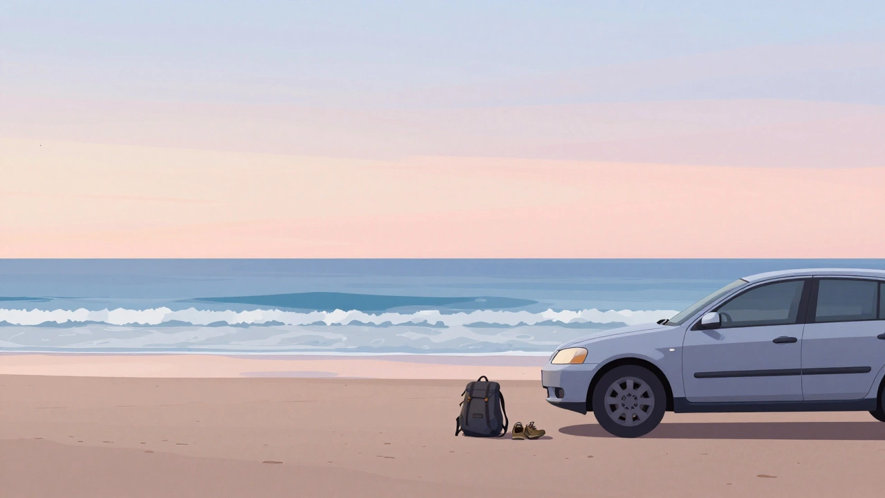 Empty car parked on a quiet beach at sunrise with backpack and shoes on the sand.
