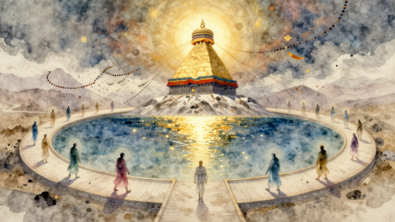 Ethereal circular path around Mount Kailash with translucent pilgrims and glowing lake, prayer beads dissolving into the sky.