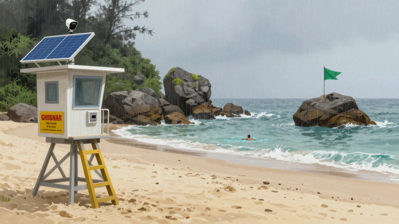 Ghogha Beach during monsoon, protected cove with lifeguard station and solar cameras, swimmer under green safety flag.