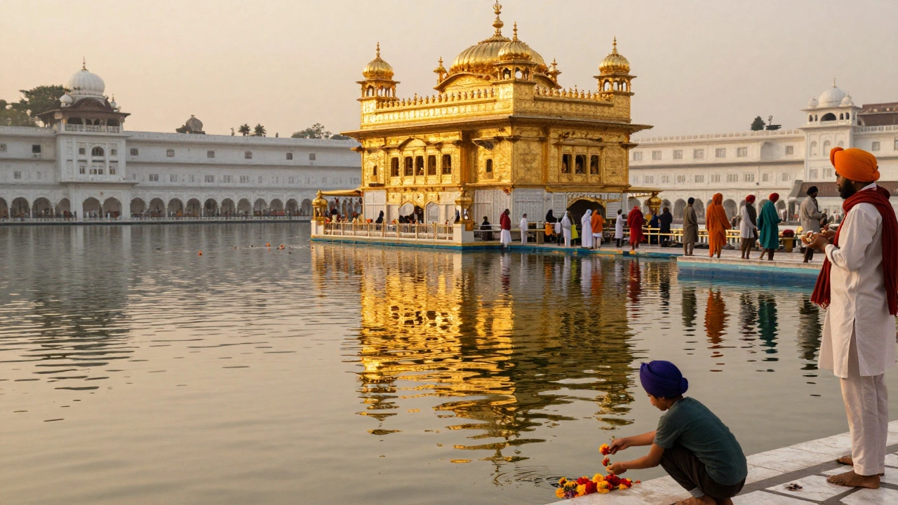 Golden Temple in Amritsar reflecting in sacred water with devotees walking around its perimeter.
