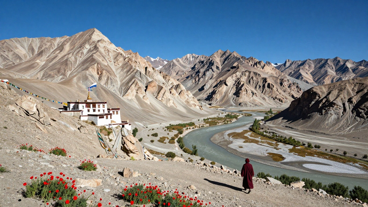 Leh-Ladakh&#039;s mountain landscape with monastery, prayer flags, and Indus River under blue sky.