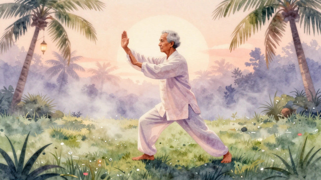 Older adult practicing Tai Chi at dawn in a quiet backyard with mist and palm trees.