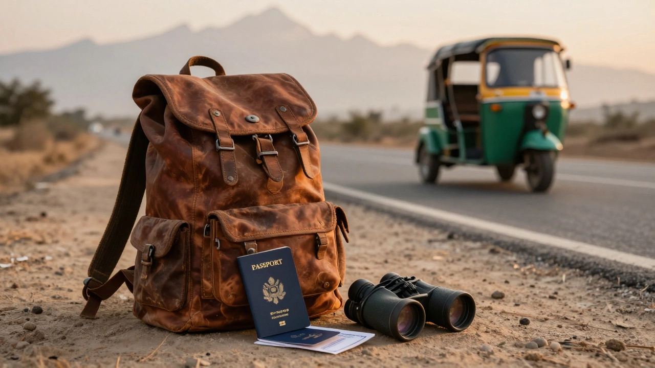Open backpack with passport and e-Visa beside binoculars, with rickshaw and Himalayas in background