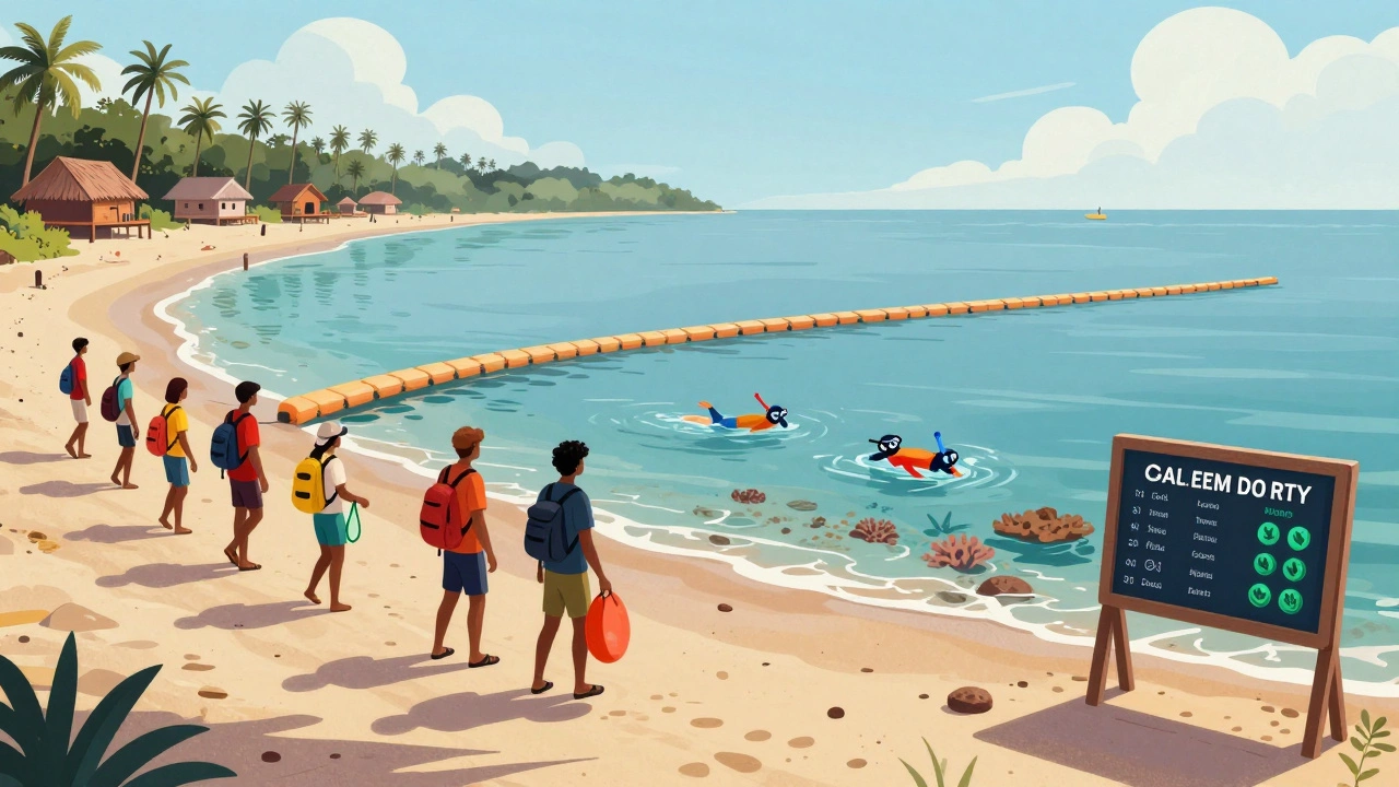 Palolem Beach with floating safety barriers, snorkelers, and digital water quality board under bright daylight.