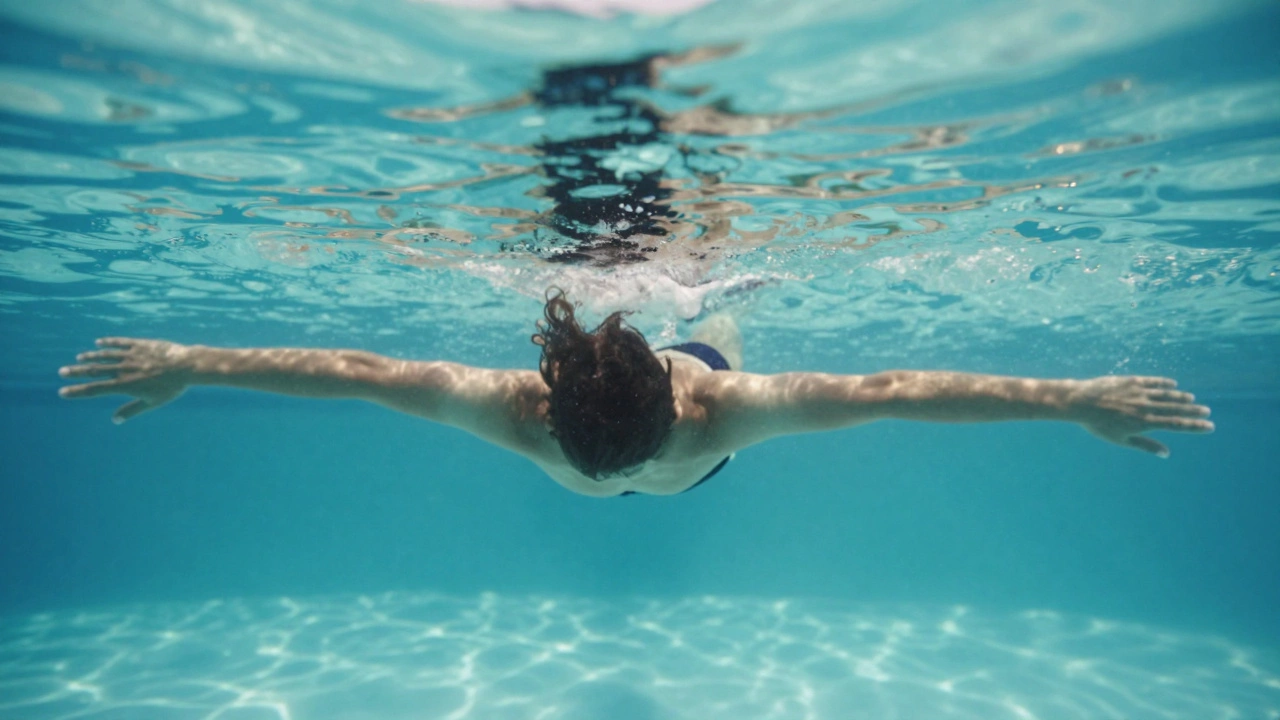 Person swimming smoothly underwater in a clear pool with sunlight filtering through.
