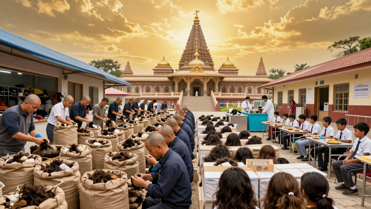 Shaved hair being collected and transformed into wigs while free meals and schools serve the community.