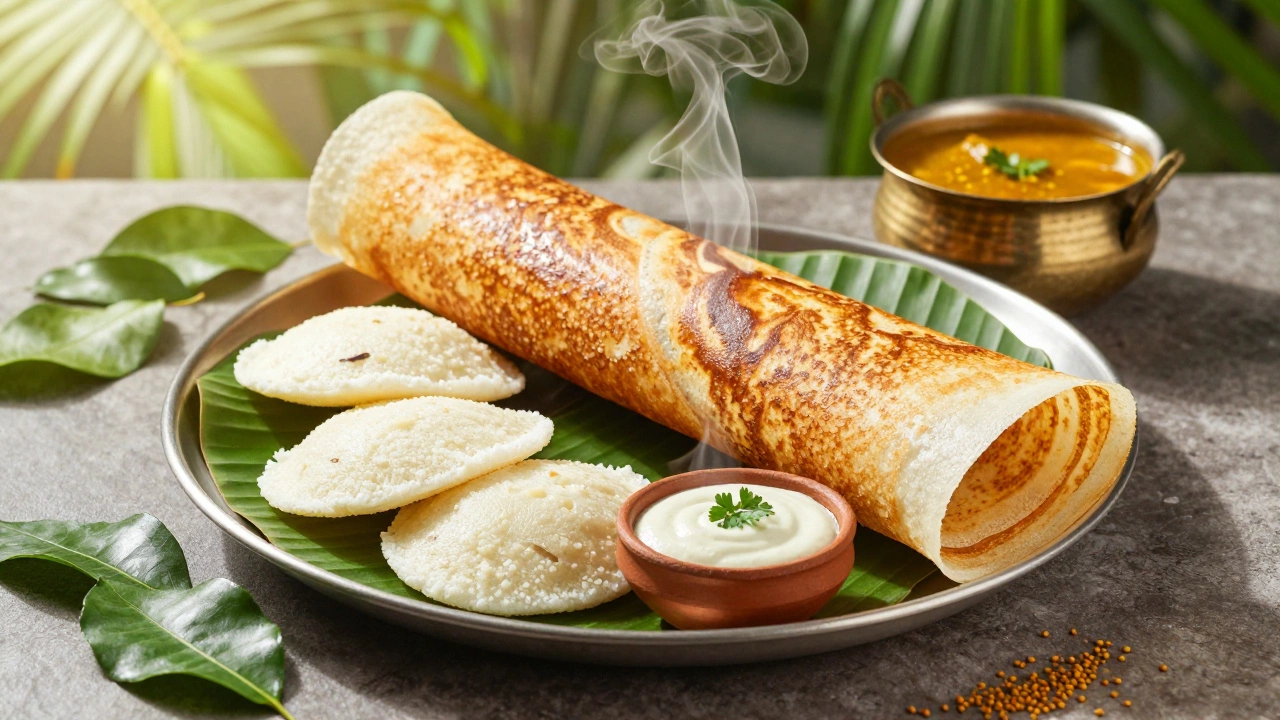 South Indian breakfast with idlis, dosa, coconut chutney, and sambar on a banana leaf.