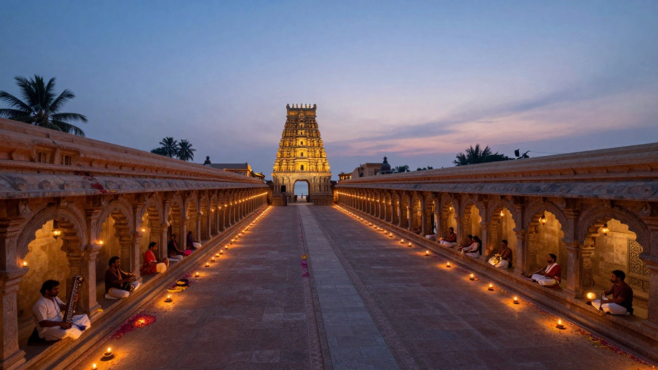 Temple corridors of Tamil Nadu lit by oil lamps, with musicians and flower petals in the breeze.