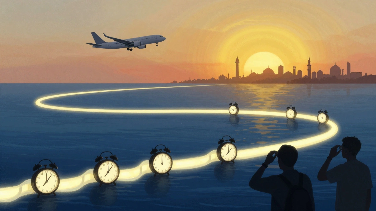 The International Date Line depicted as a glowing boundary across the Pacific, with clocks jumping from Monday to Wednesday as a plane crosses it.