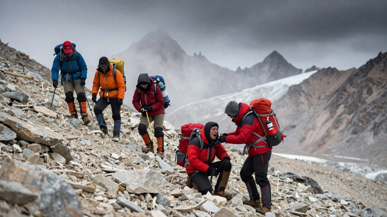 Trekkers struggle up the steep, snowy Dolma La Pass at 5,700 meters, one gasping for air as another offers oxygen.