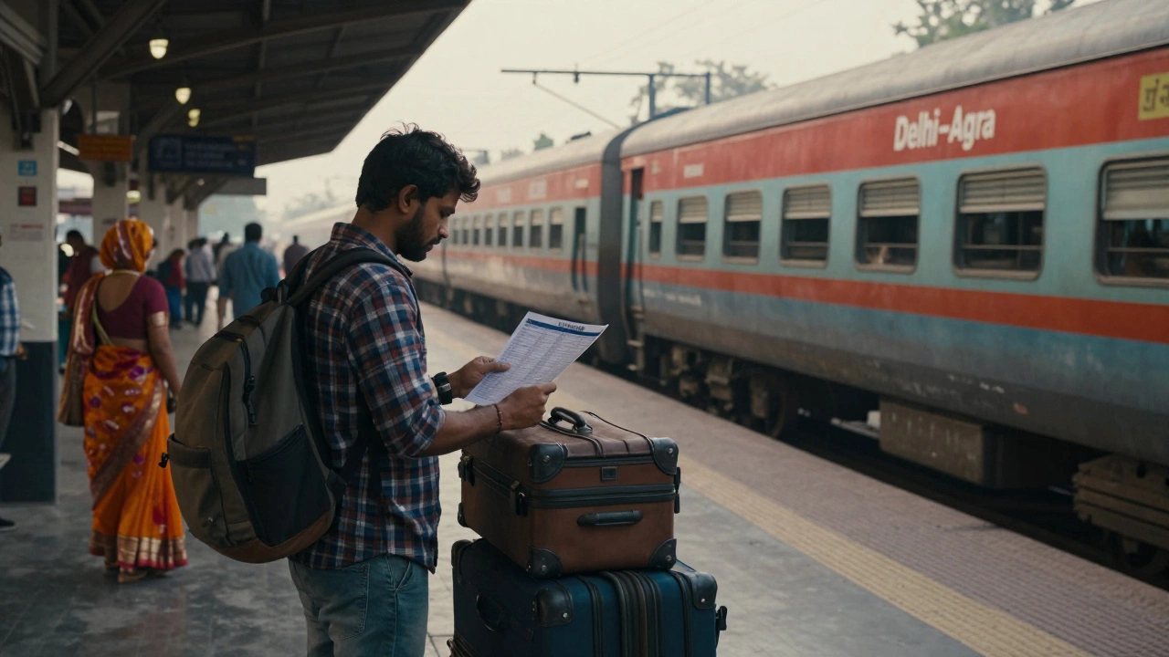 Backpacker at an Indian railway station with a train arriving, suitcases beside them, early morning light.