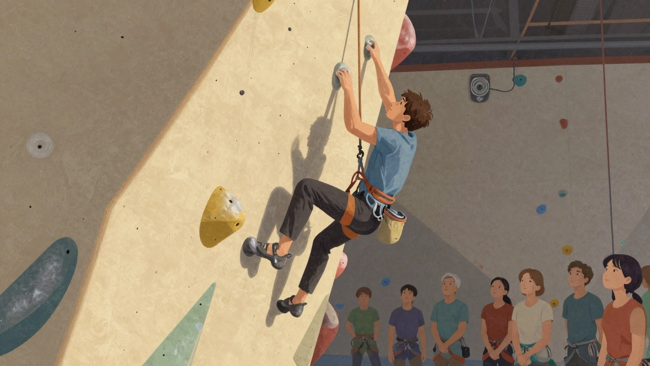 Climber mid-ascension on a high indoor wall, viewed from below with calm onlookers.