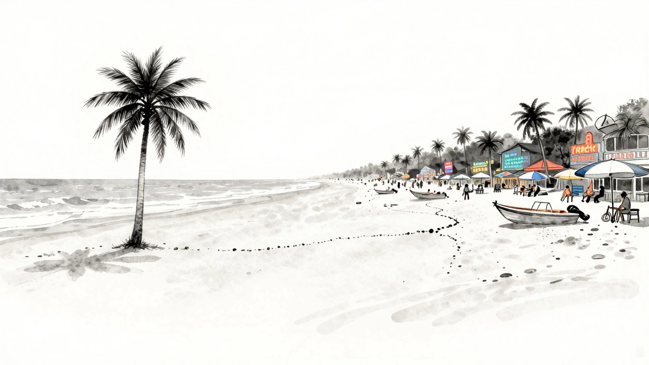 Contrast between pristine Radhanagar Beach and crowded tourist beaches in minimalist art style.