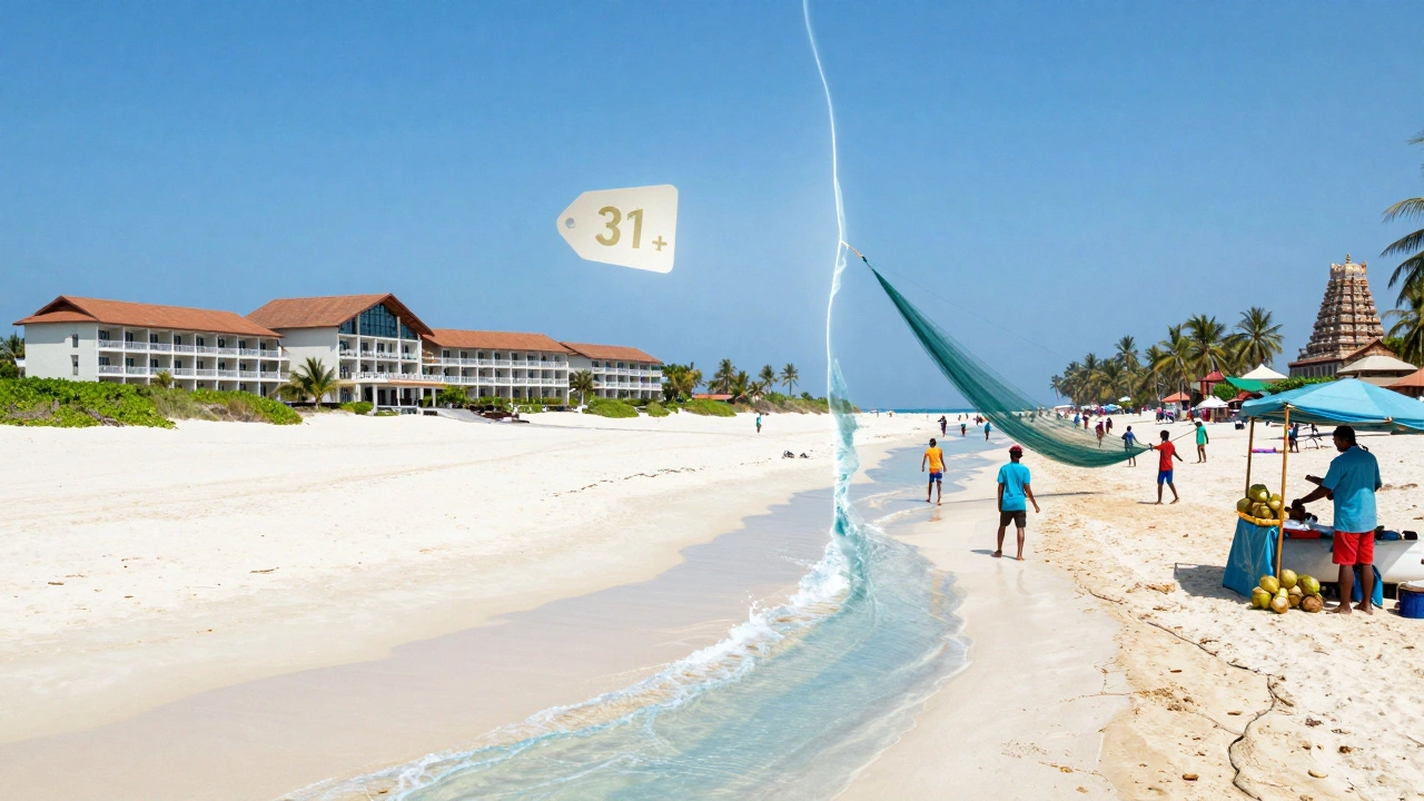 Contrasting beach experiences: luxury Maldives resort vs. lively Indian beach with locals and culture.