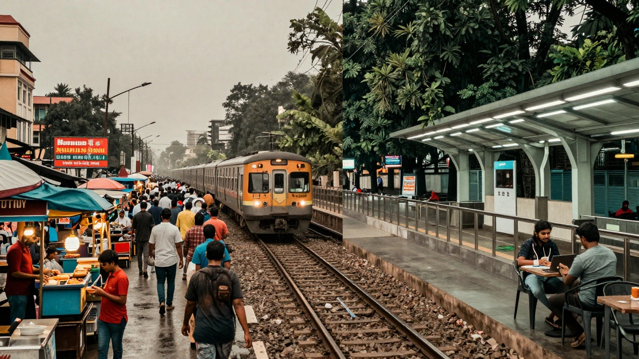 Dual contrast of Mumbai's chaotic energy and Bangalore's calm tech vibe connected by a train track.