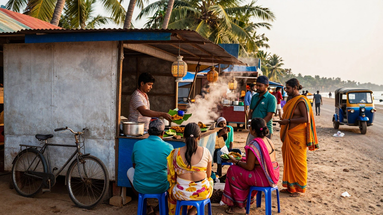 Goa beach food shack serving fish curry to travelers at golden hour with palm trees and tuk-tuk.