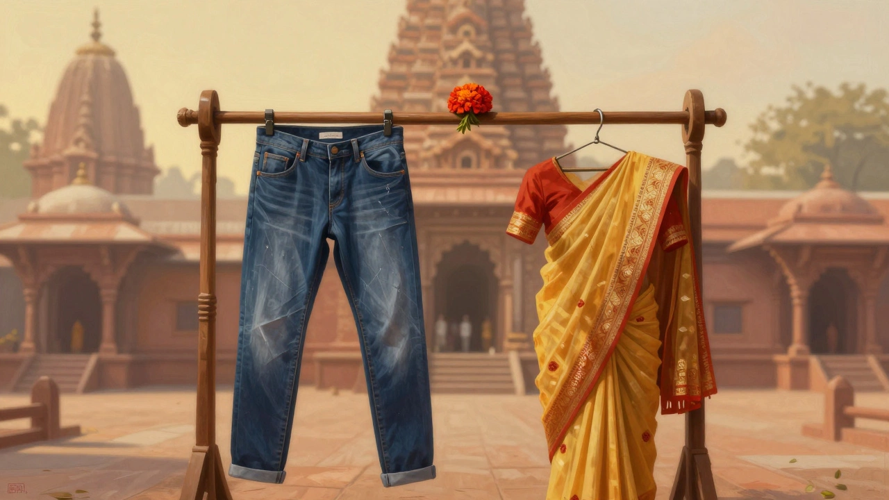 Jeans hung beside traditional Indian garments with a marigold flower, symbolizing cultural respect and choice.