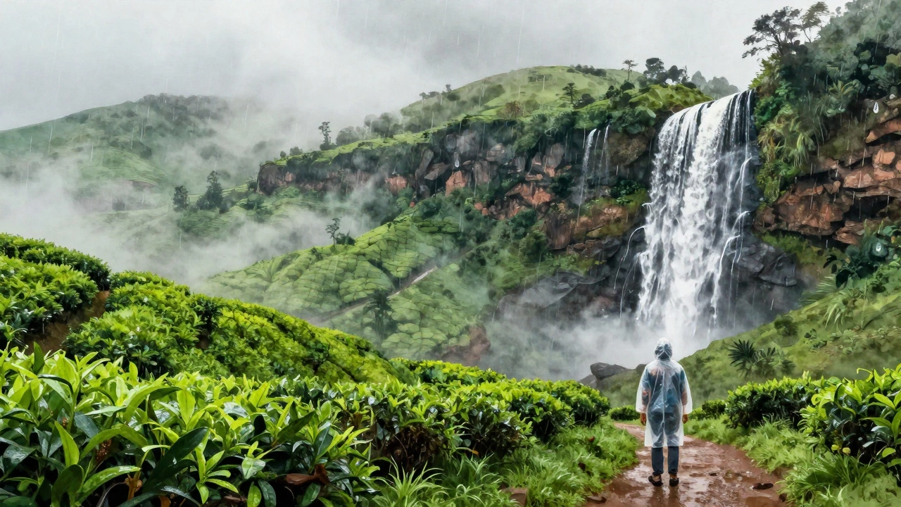 Misty monsoon rain falls over lush Western Ghats waterfalls and tea plantations, with a solitary traveler on a path.