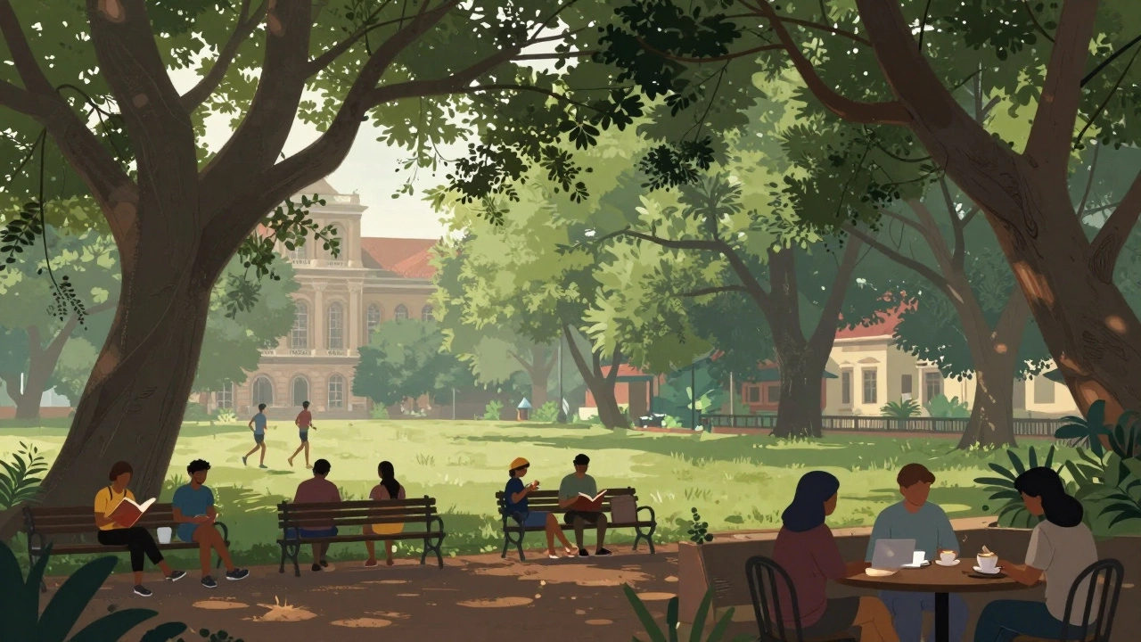 Peaceful morning in Bangalore's Cubbon Park with people relaxing under large banyan trees.