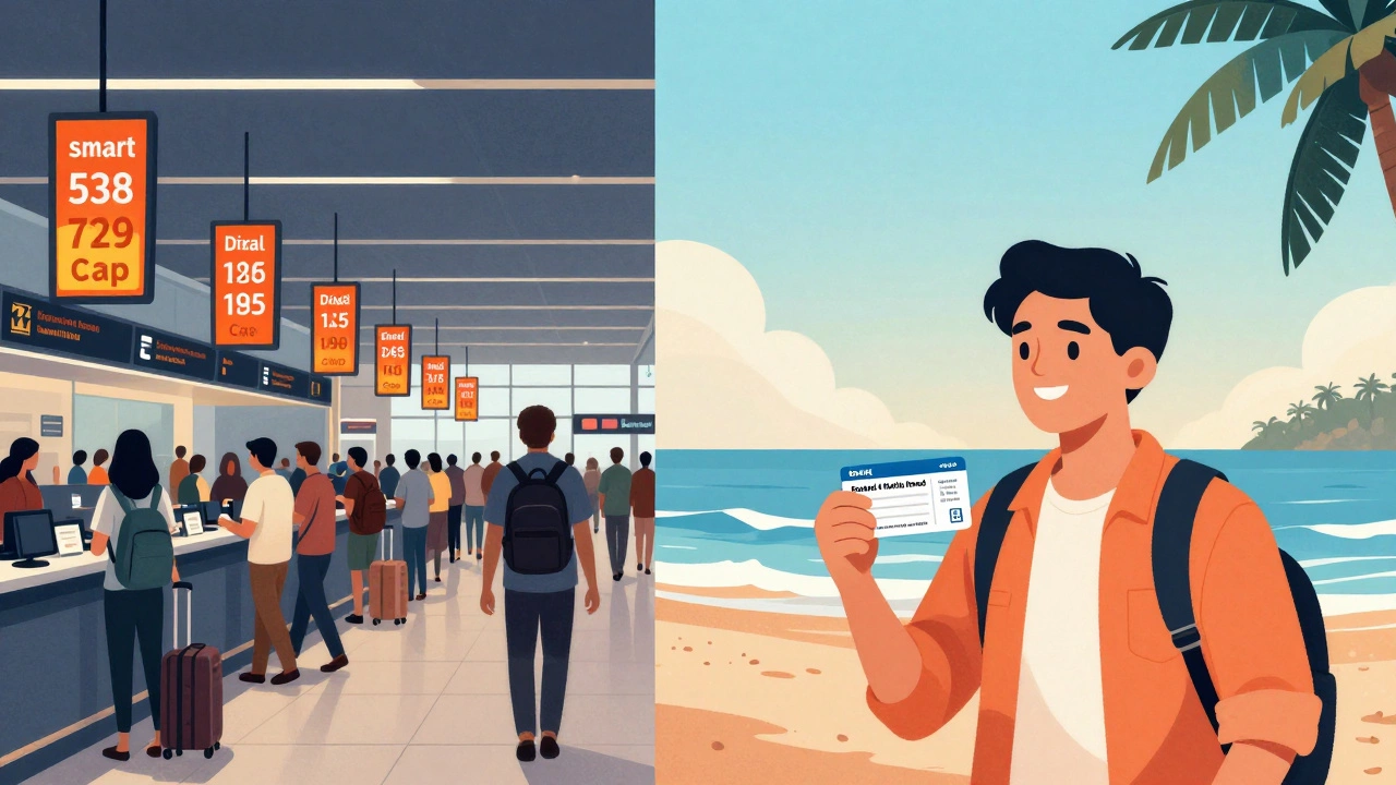 Split image: chaotic airport during Diwali vs. peaceful Goa beach, symbolizing early vs. last-minute travel.