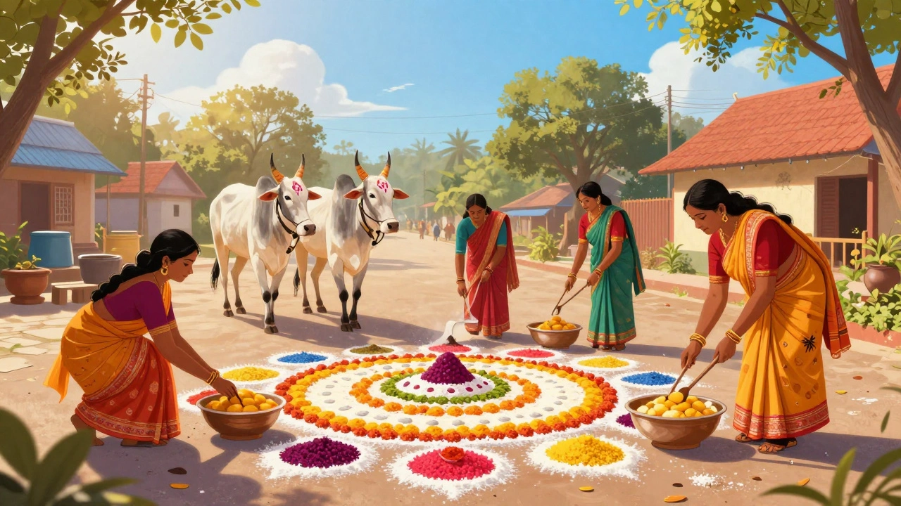 Villagers celebrate Pongal festival in Tamil Nadu with colorful rice designs, decorated cows, and traditional sweets.
