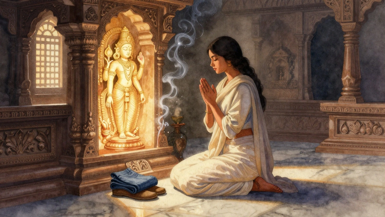 Woman praying in temple in modest skirt and shawl, jeans folded nearby, incense smoke rising in golden light.