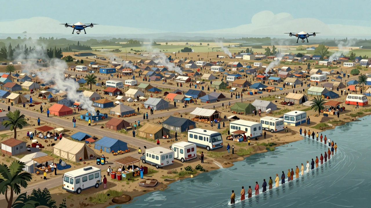 A sprawling temporary city of tents, roads, and clinics built for Kumbh Mela, with drones and volunteers managing the massive crowd.