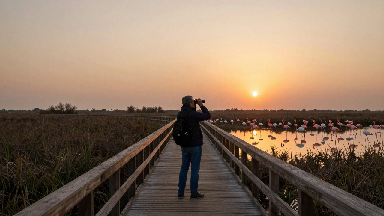 A visitor observes birds on a wooden boardwalk at sunset, surrounded by reeds and water, no human interference.