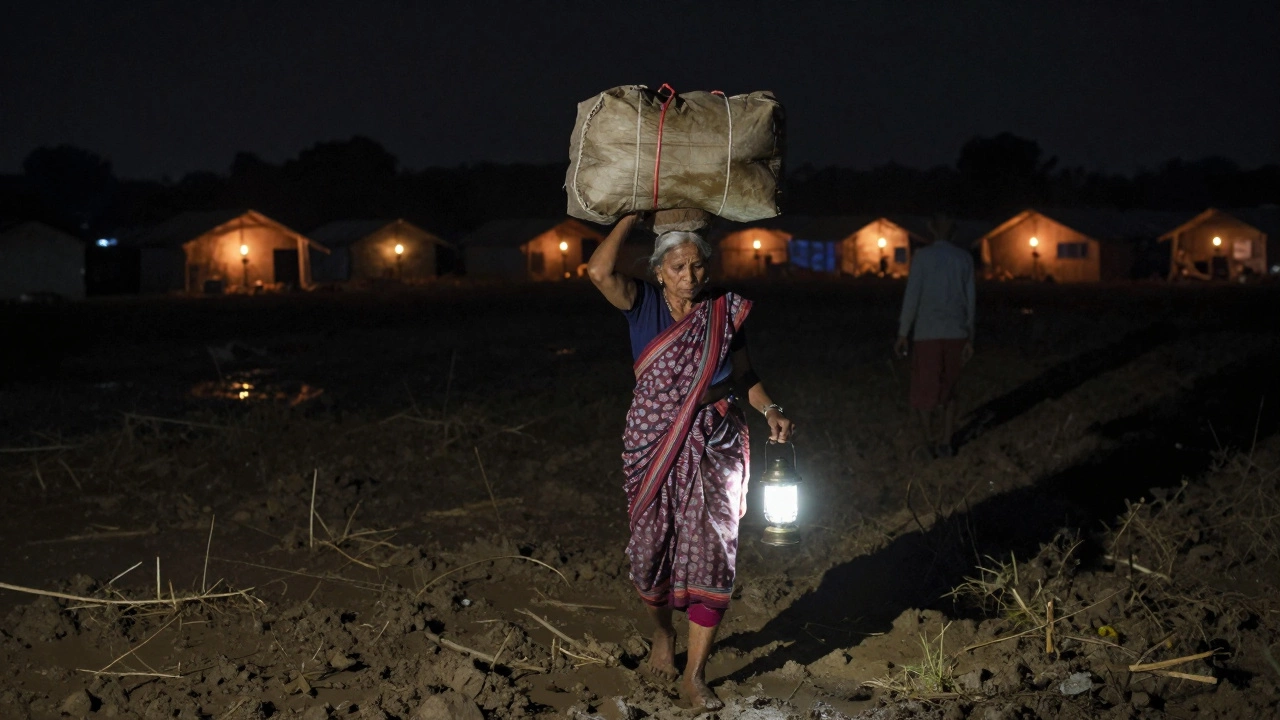 An elderly woman walking alone at night through mud toward the river, carrying a bundle, lit by a stranger’s lantern.