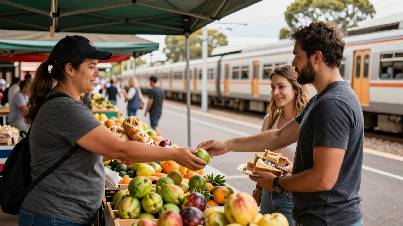 Couple buying fresh food at a local market with a train in the background.