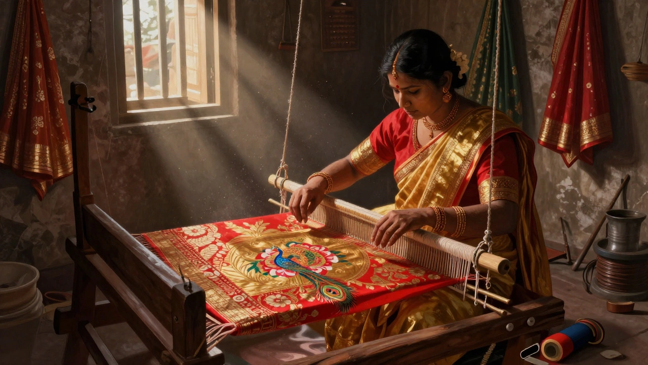 Handloom weaver crafting a Banarasi silk sari with gold thread on an ancient wooden loom.