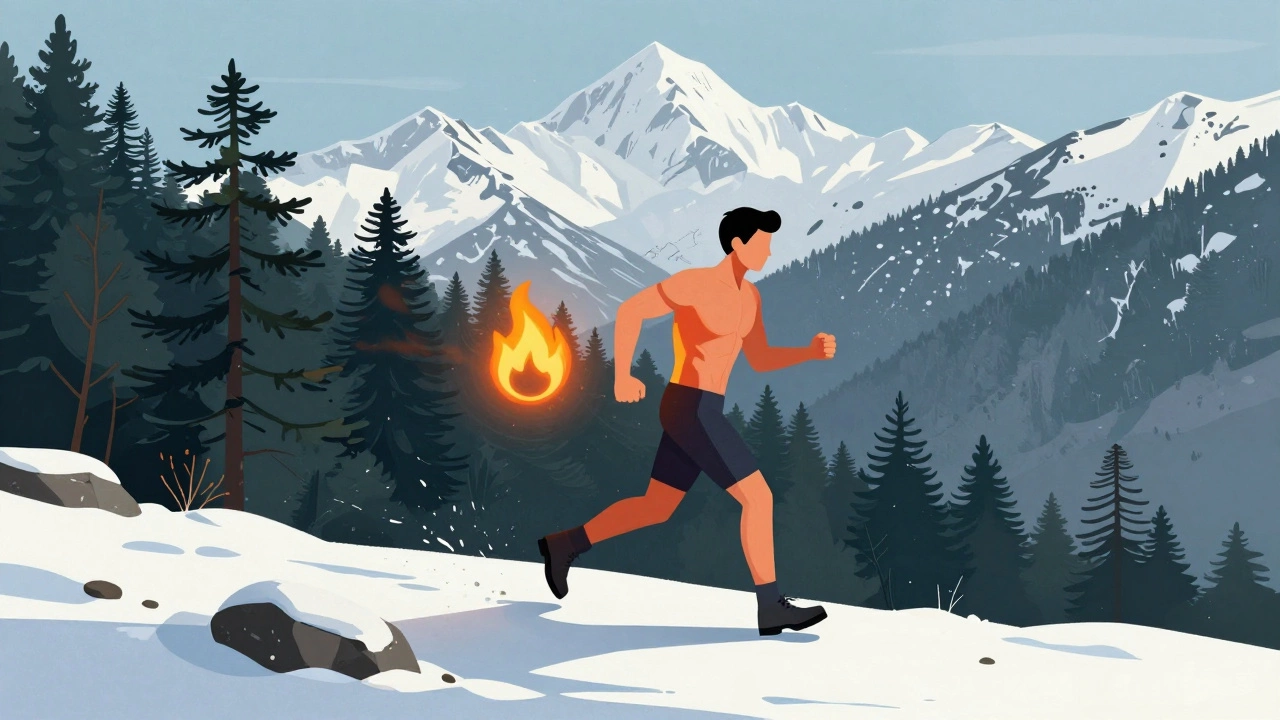 Hiker on a snowy ridge in Uttarakhand with subtle visual representation of fat burning through body movement.