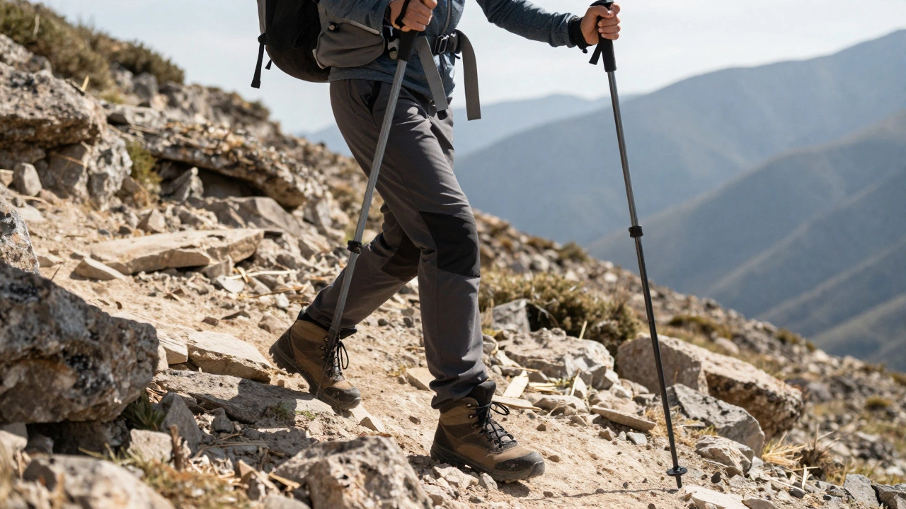 Person training for trekking by walking uphill with backpack on uneven terrain.
