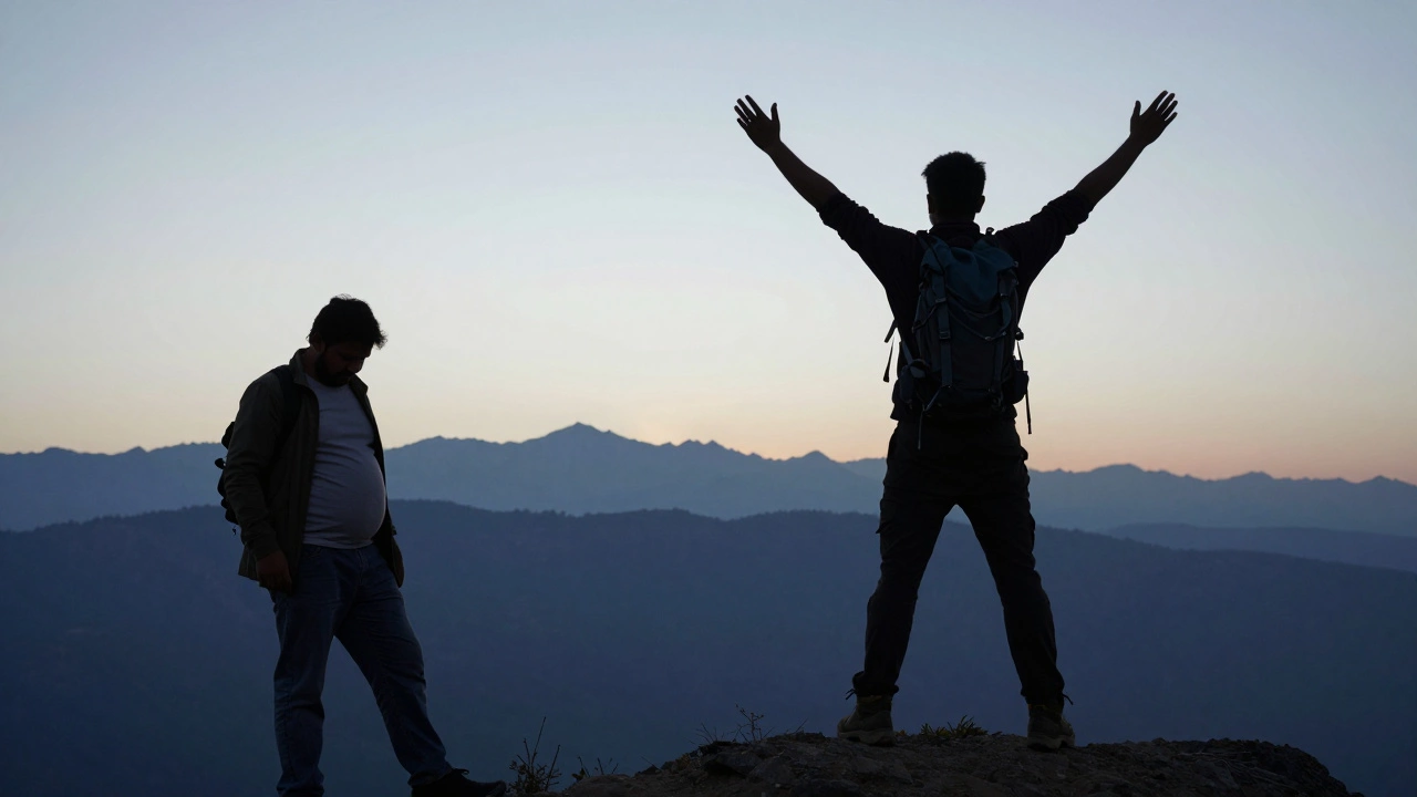 Silhouette comparison of a person transformed by hiking, standing tall on a mountain summit against a sunrise backdrop.